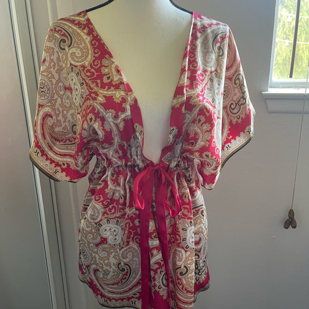 CAbi Vibrant Red and Cream Paisley Blouse
